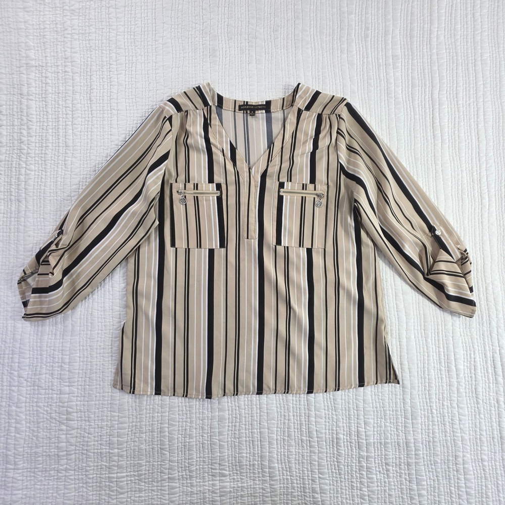 Adrienne Vittadini Striped V-Neck Roll Tab Sleeve Blouse Tan Black White EUC M